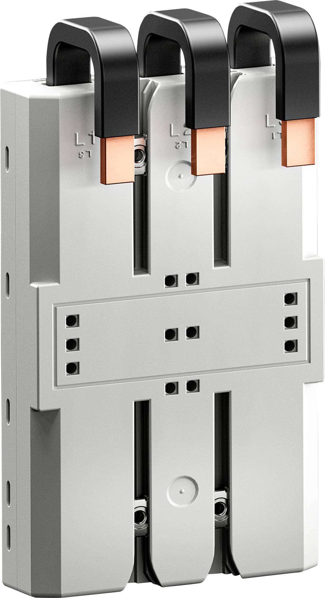 Three-phase busbar adapter made of metal and plastic, with three inserted copper contacts at the top, vertical orientation.
