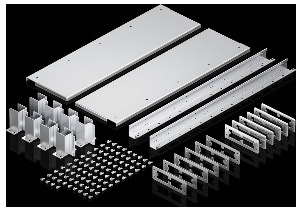 Metal Parts Kit on a Black Background: Two large plates, several rails, angle brackets, and screws are visible.