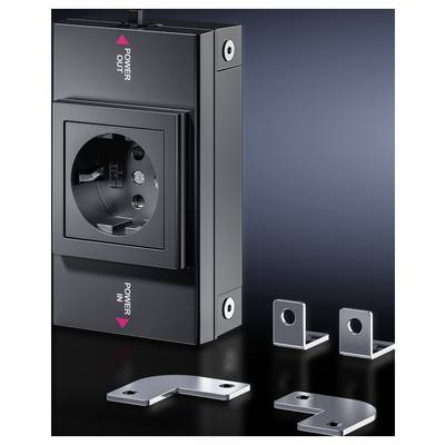 Black power socket with 'Power In' and 'Power Out' markings, alongside three L-shaped metal brackets against a dark background.
