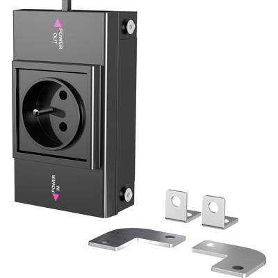 Network socket with two pink arrows and labels 'POWER IN' and 'POWER OUT'. Two metal mounting brackets are positioned alongside it.