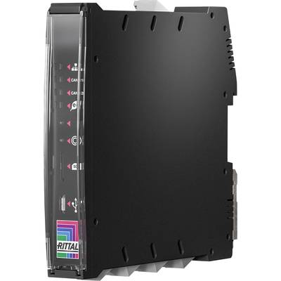 Black electronic enclosure in vertical orientation with manufacturer's logo and interface ports on the side.