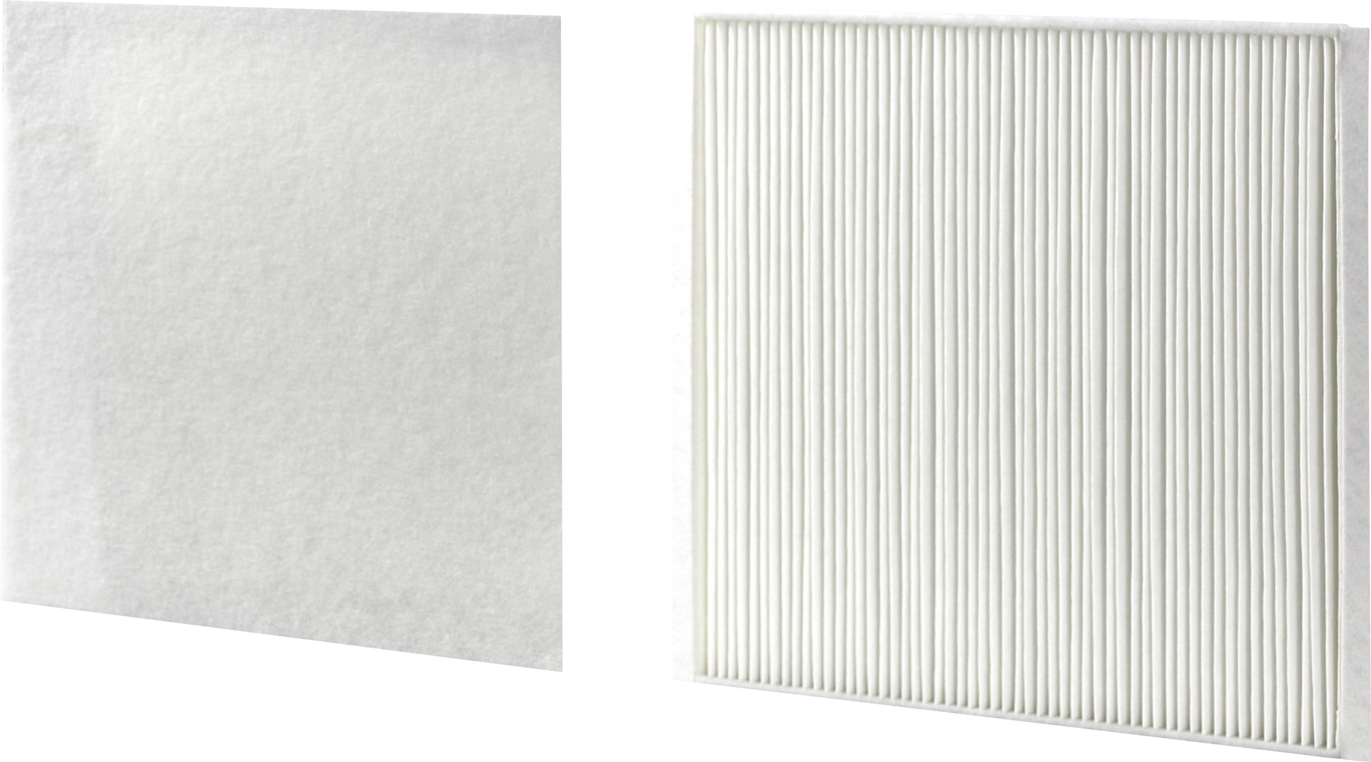 Two air filters: on the left, a flat, structured filter; on the right, a pleated filter. Both are white and positioned side by side.