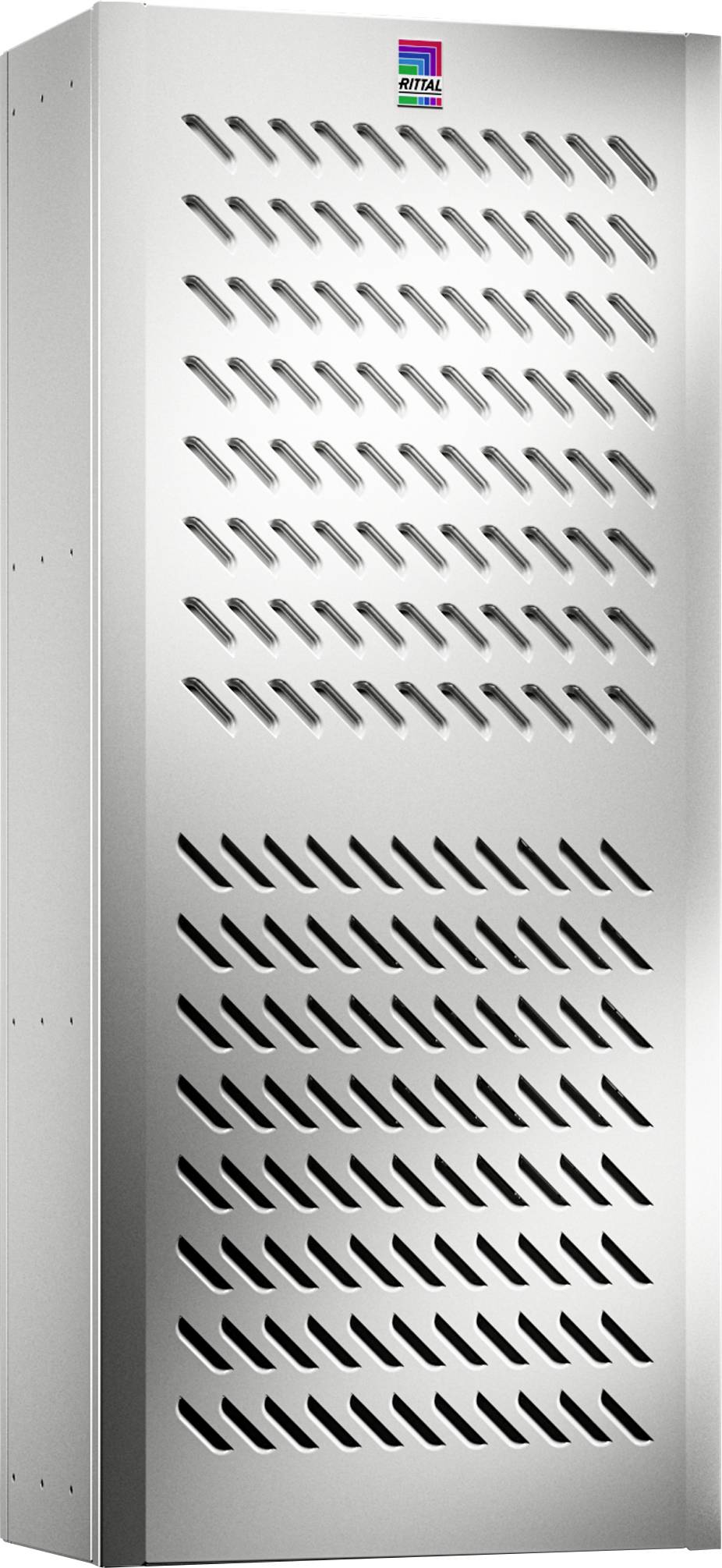 Metal casing with ventilation slots in diagonal rows. A small, colourful logo is located at the top.
