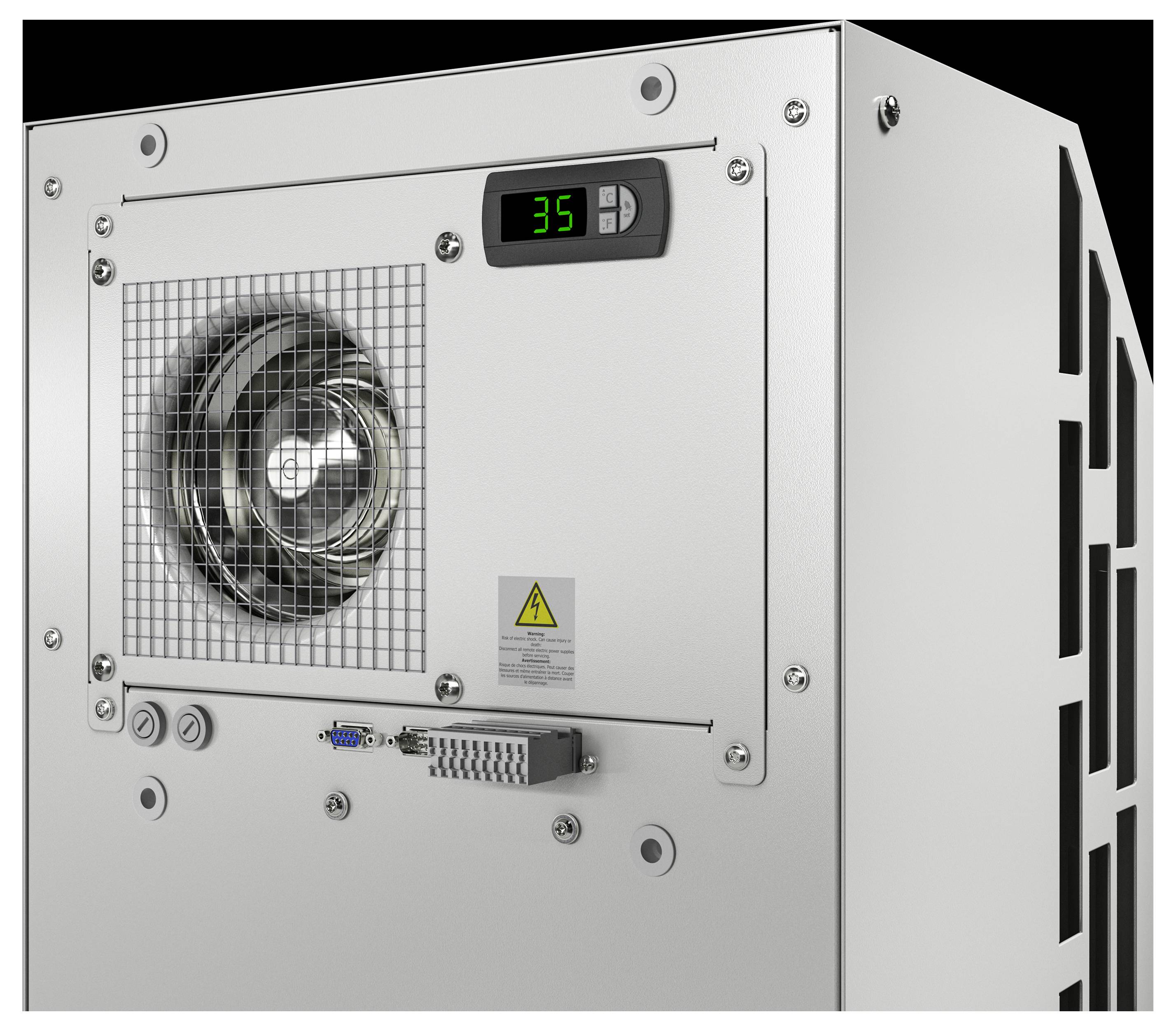 Large, silver industrial ventilation unit with digital display showing '35'. Ventilation grille on the left, connection ports at the bottom.