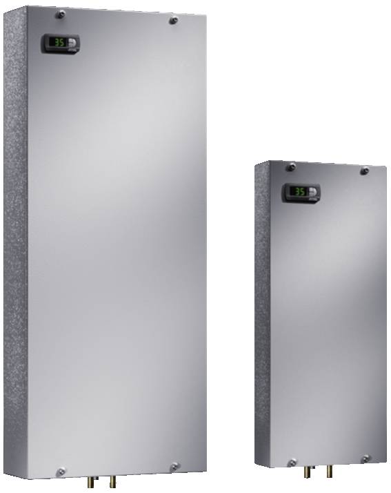 Two silver water softeners of different sizes side by side, with digital displays on top.