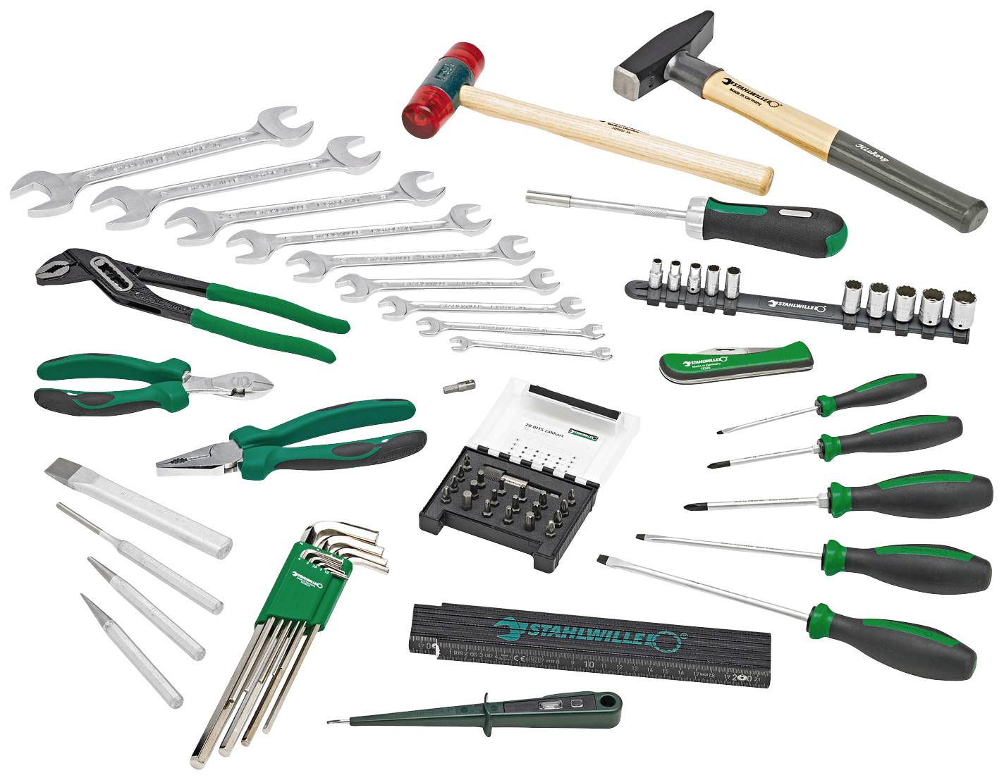 Various hand tools, including screwdrivers, spanners, pliers, a hammer and Allen keys, on a white background.