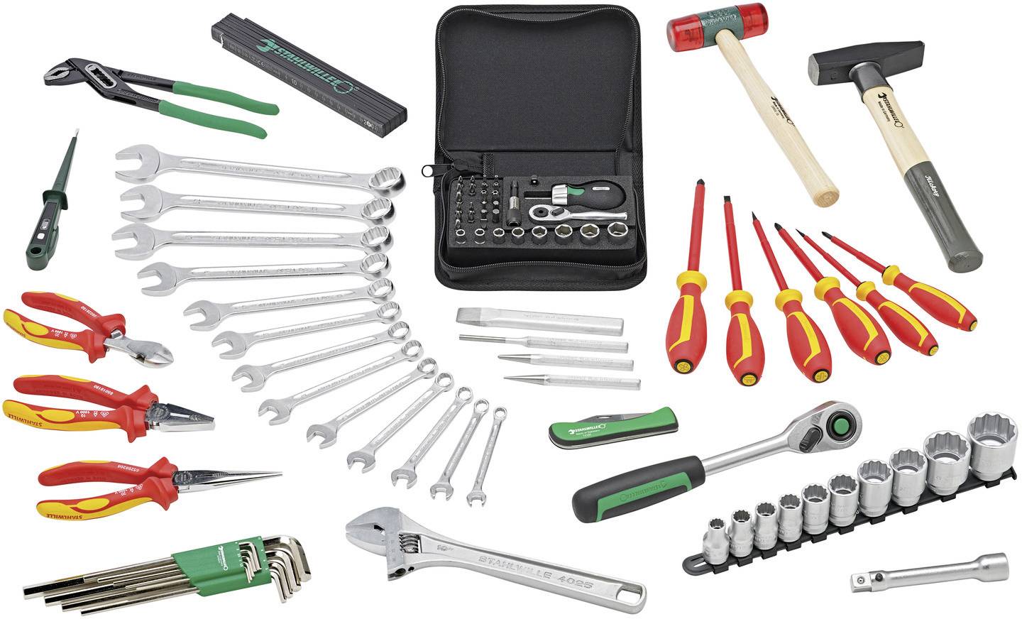 Various hand tools, including spanners, pliers, screwdrivers and a spanner set in a carry bag.