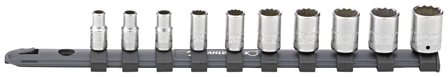 Twelve-piece socket spanner set on a holder. Various sizes, made of chrome, arranged from small to large. Ideal for tool cases.