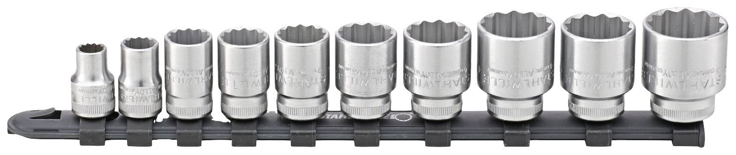 A set of socket nuts of varying sizes on a holder used for screw-related work.