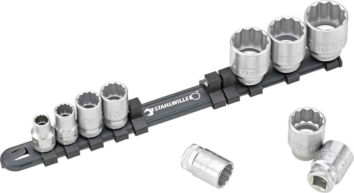 Eight socket wrenches in various sizes are arranged on a holder, with two additional socket wrenches beside it.