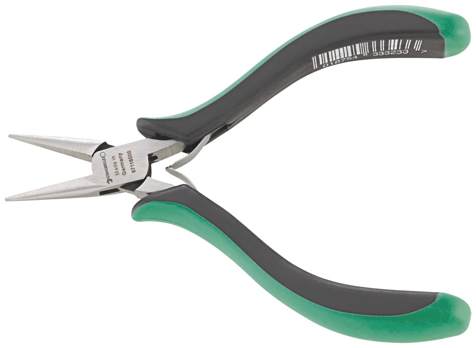 A green and black pair of pliers with pointed tips and a barcode on the handle. A tool for precise cutting work.