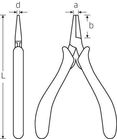 'Technical drawing of a pliers with dimensions: Length L, Width d, Jaw width a, Jaw height b.'