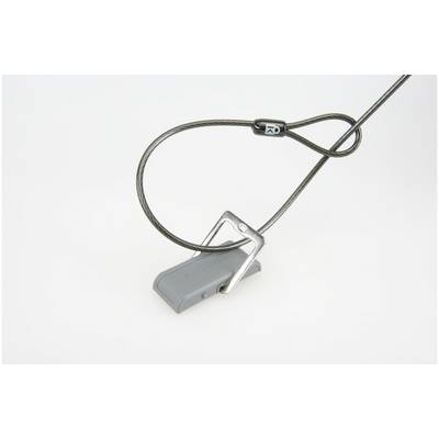 A grey metal safety device with a wire cable used for mountaineering purposes.