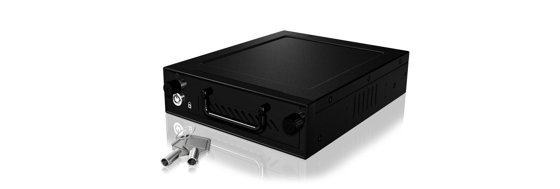 A black metal box with a handle, a lock, and two keys. The box appears to be intended for secure storage.