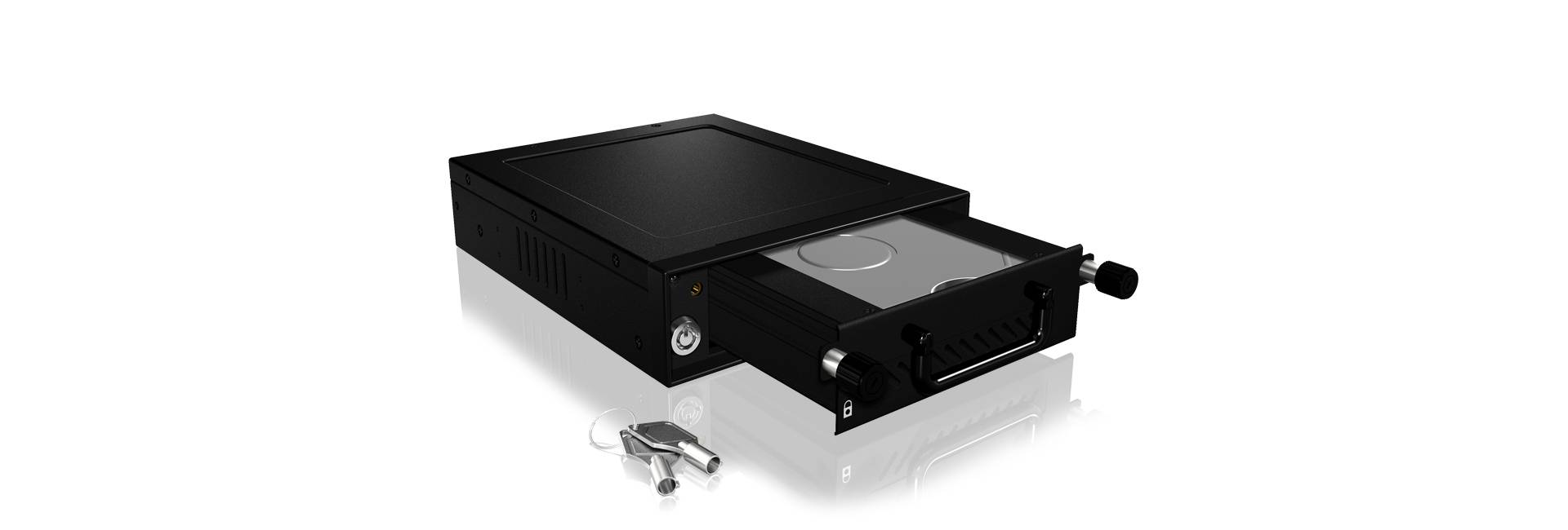 A black hard drive enclosure with a removable tray for a hard drive. Two keys are lying beside it.