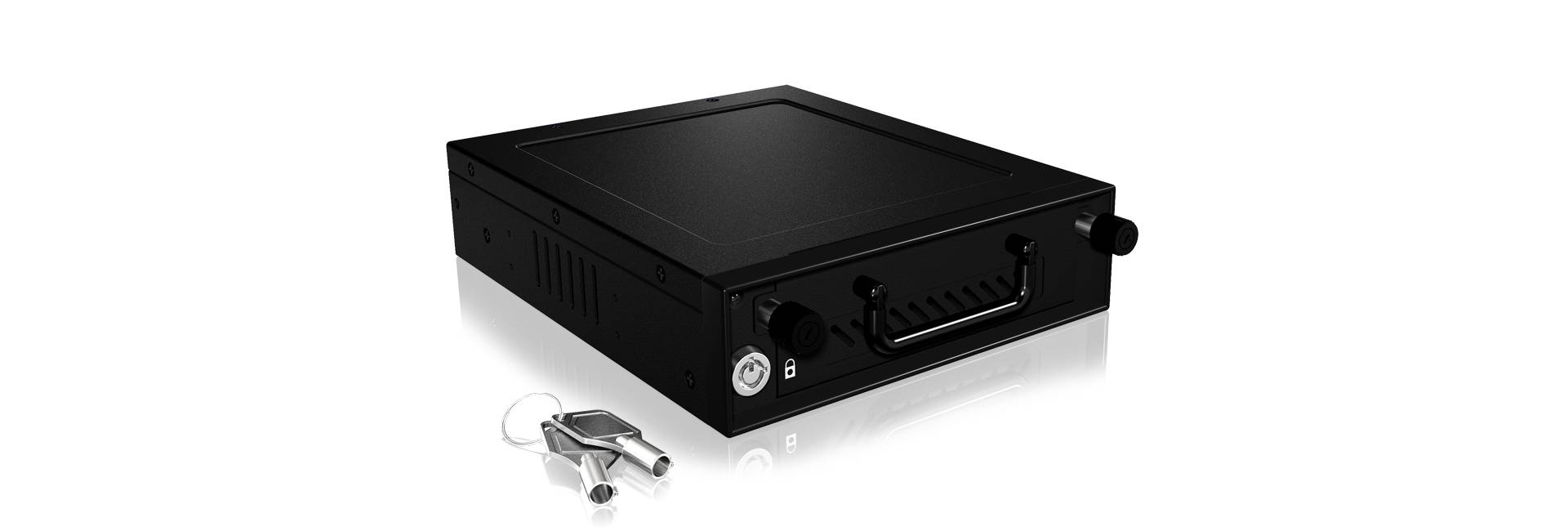 Black, secure box with a lock and handle, lying on a white background. Two keys are placed beside the box.