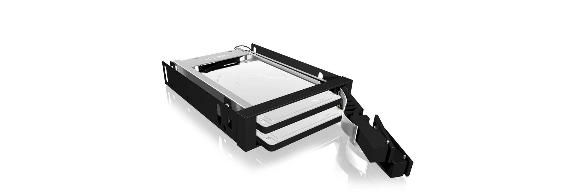 Black hard drive frame with silver hard drive, positioned sideways. Suitable for mounting in a computer case.