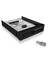 A black and white hard drive caddy with a locking mechanism and removable key, suitable for secure data storage.