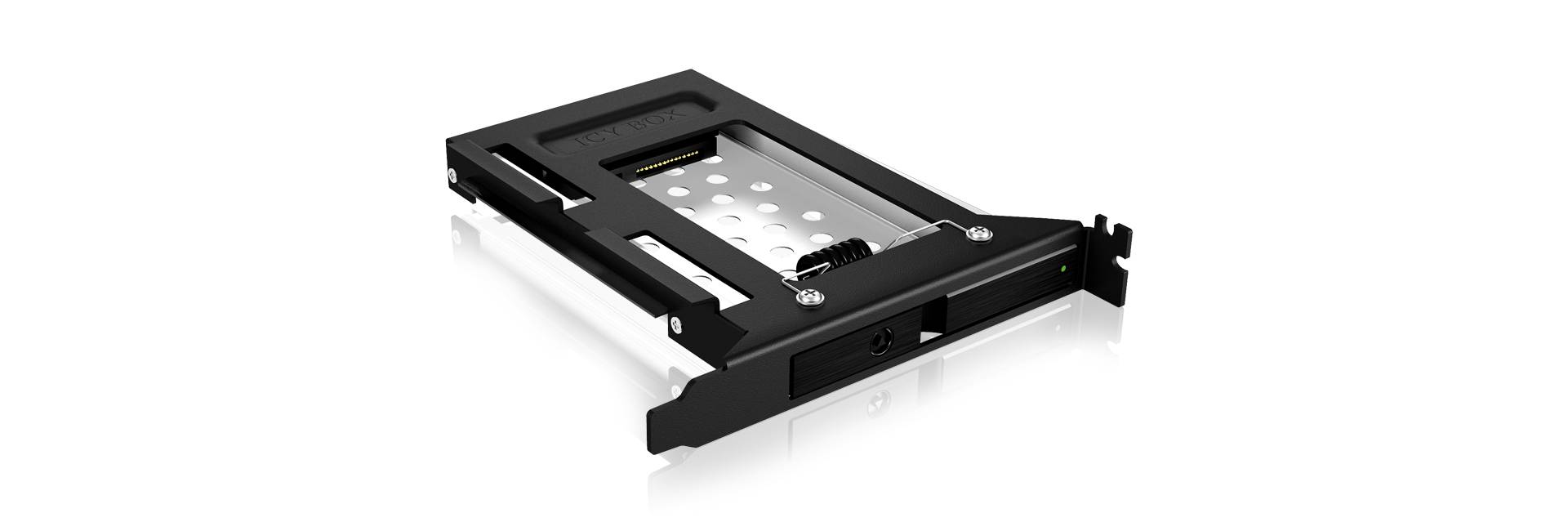 A black hard drive mounting bracket for 3.5-inch bays, suitable for housing a 2.5-inch hard drive, on a white background.