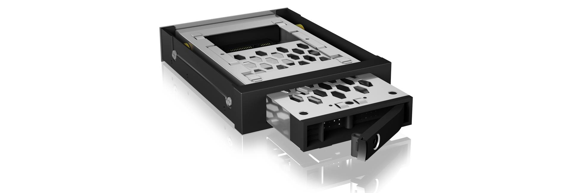 External hard drive enclosure with a black frame and silver insert. It is used to connect and protect hard drives externally.