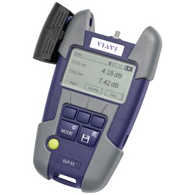 Handheld optical power meter with display indication: 4.28 dB and 7.42 dB at 1310 nm and 1550 nm. Control buttons underneath.