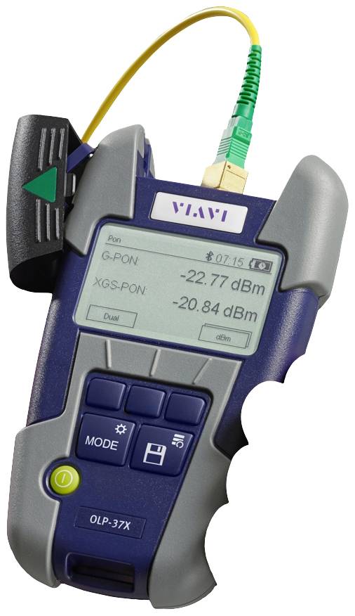 Handheld measurement device with display, showing values '-22.77 dBm' and '-20.84 dBm'. Marked with 'VIAVI', connected cables visible.