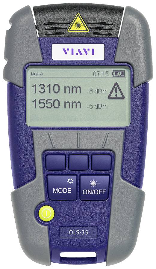 A handheld device displays two wavelengths '1310 nm' and '1550 nm' on the screen, along with -6 dBm. Below are mode and on/off buttons.