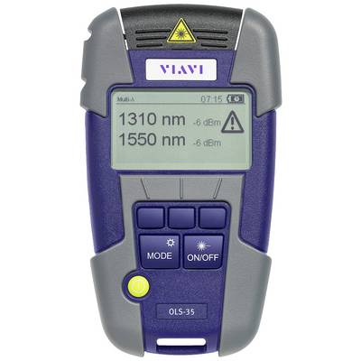 A handheld device displays two wavelengths '1310 nm' and '1550 nm' on the screen, along with -6 dBm. Below are mode and on/off buttons.