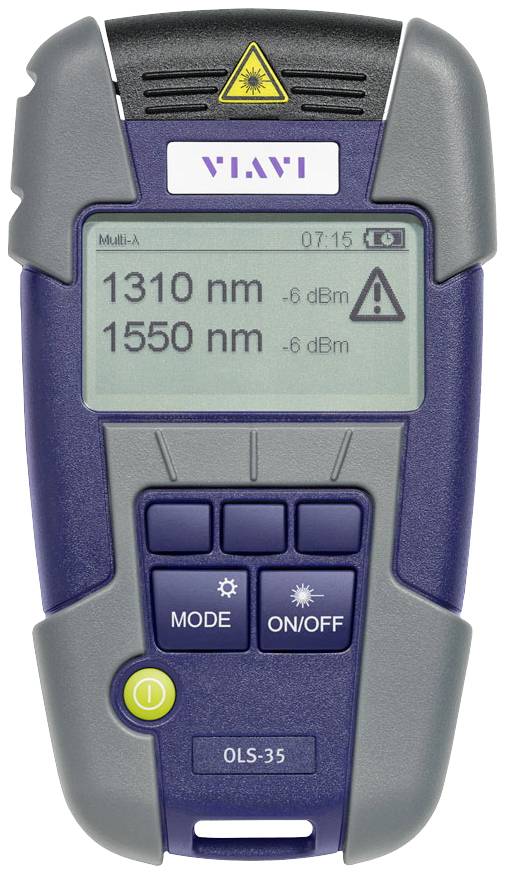 Handheld device with screen displaying '1310 nm', '1550 nm', '-6 dBm'. Two vertical buttons, marked 'MODE' and 'ON/OFF', underneath.