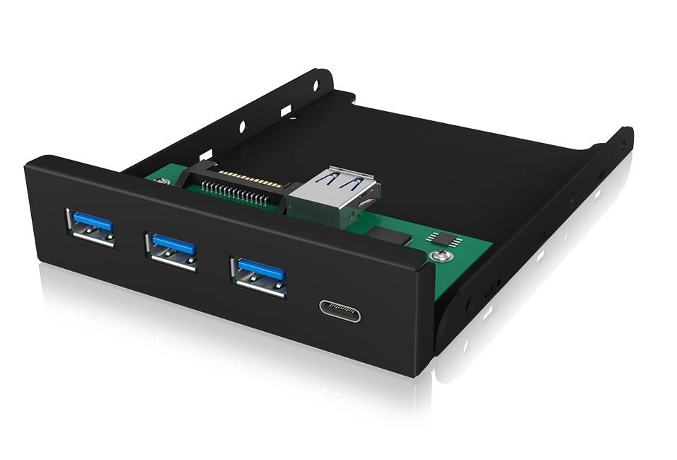 An internal front panel for a computer displays three USB 3.0 ports and a USB-C port on the front side.