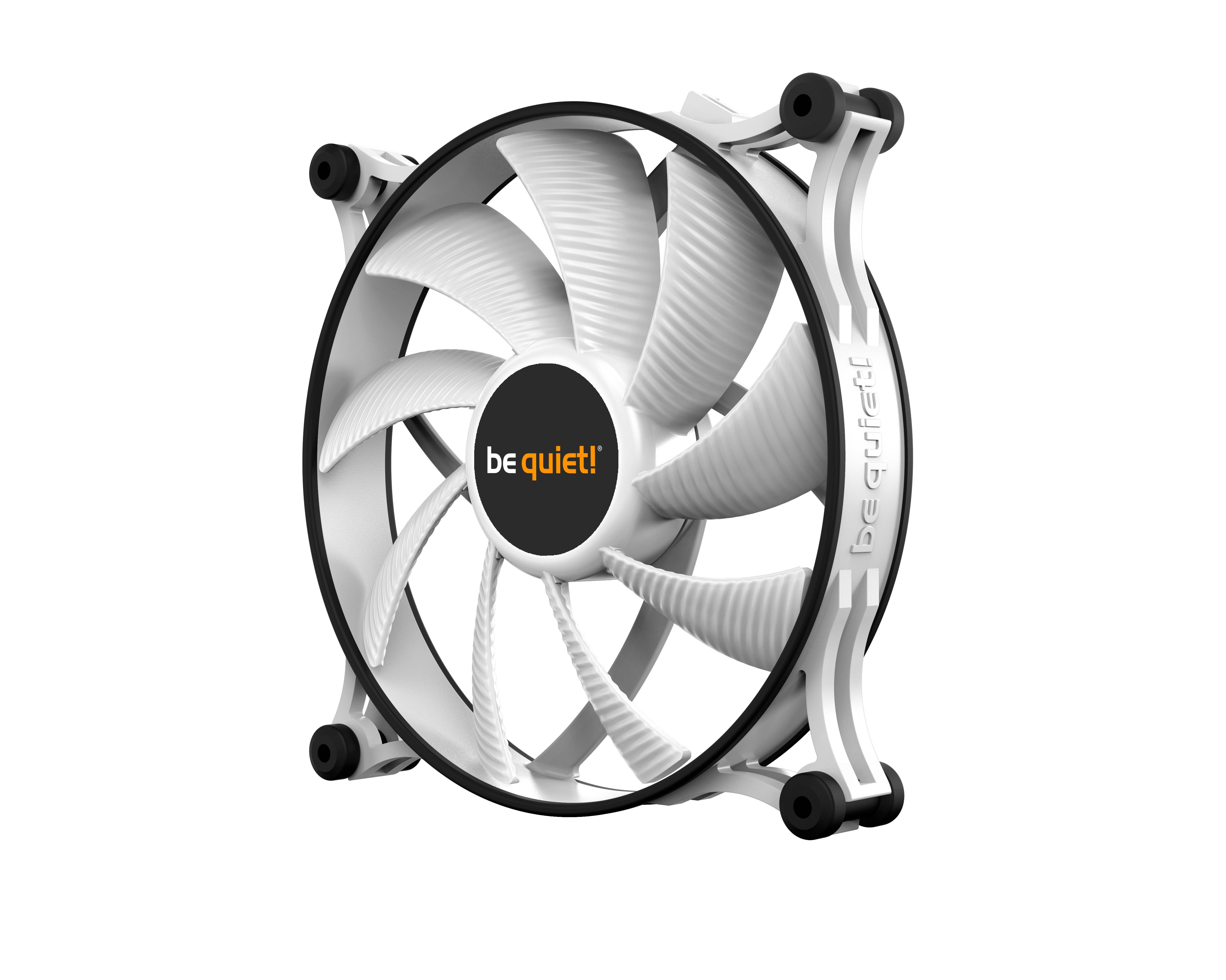 White computer fan by 'be quiet!' with ten blades and a black centre. Specifically designed for quiet operation.