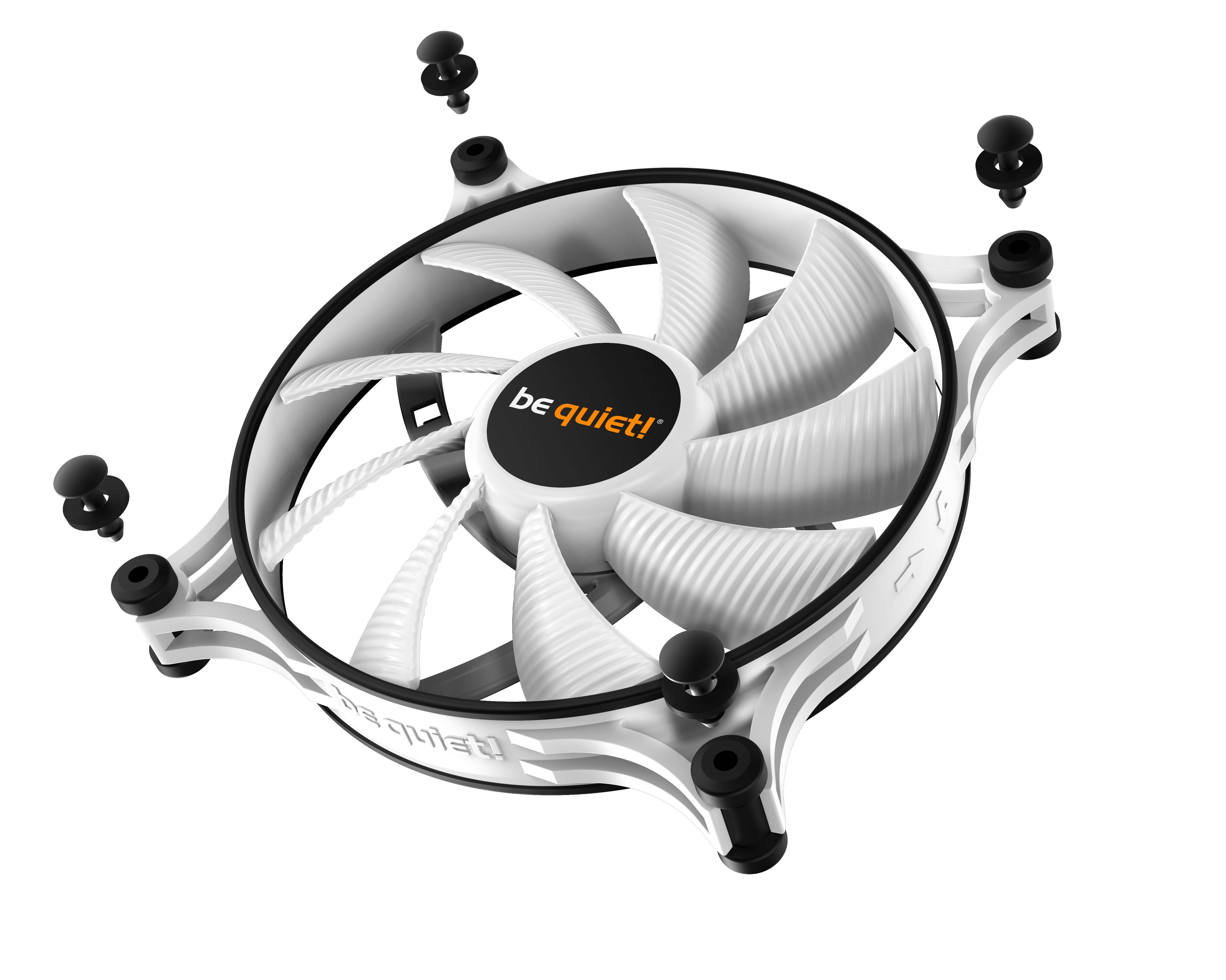 'Be Quiet! Silent Fan': White computer fan with a black frame and eight rotor blades. Brand logo 'Be quiet!' in the centre.