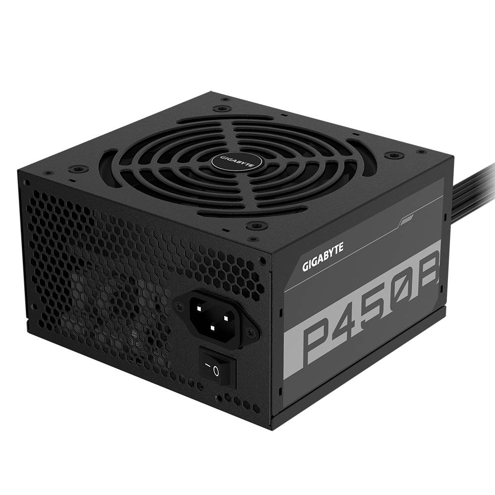 Black Gigabyte P450B power supply unit, fan visible on top, connection cables on the right side, suitable for computer hardware.