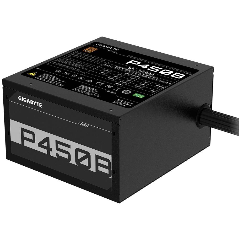 'GIGABYTE P450B 80 PLUS Bronze' PC power supply in black, with technical specifications on the top side.
