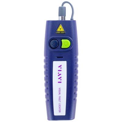 Torch in navy blue with yellow laser symbol. Features green power/off button and ventilation holes. Inscription reads: 'VISUAL FAULT LOCATOR'.