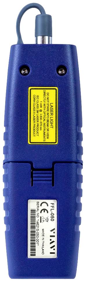 A blue, portable measuring device with a yellow warning label for laser radiation and CE marking.