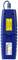 A blue, portable measuring device with a yellow warning label for laser radiation and CE marking.