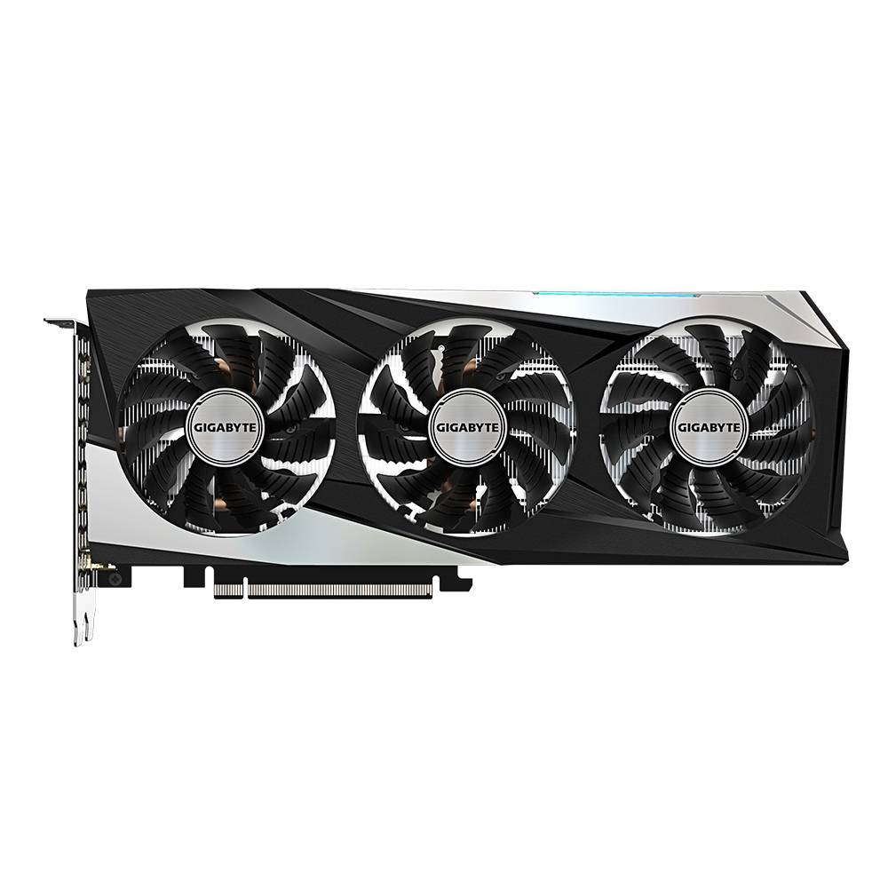 'Gigabyte triple-fan graphics card, RTX 3060 Vision OC model, on white background. Heatsink in black and silver.'