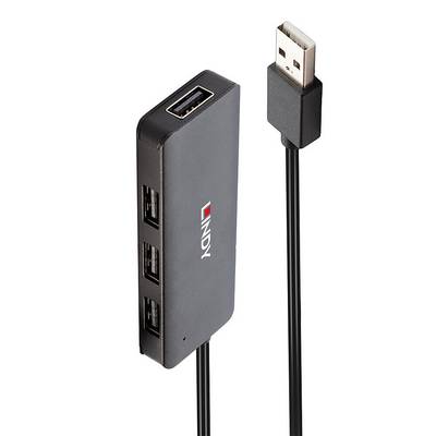 A black USB hub with four ports and a USB cable, suitable for expanding device connection options.
