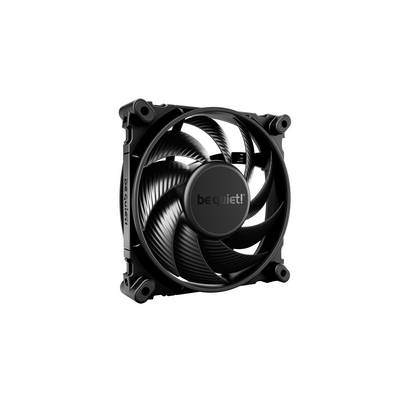 A black computer cooling fan with the 'be quiet!' text on the front, featuring four screw holes for mounting.