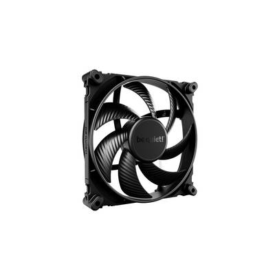 A black computer fan with the 'be quiet!' inscription on the hub, suitable for cooling computer cases or processor coolers.