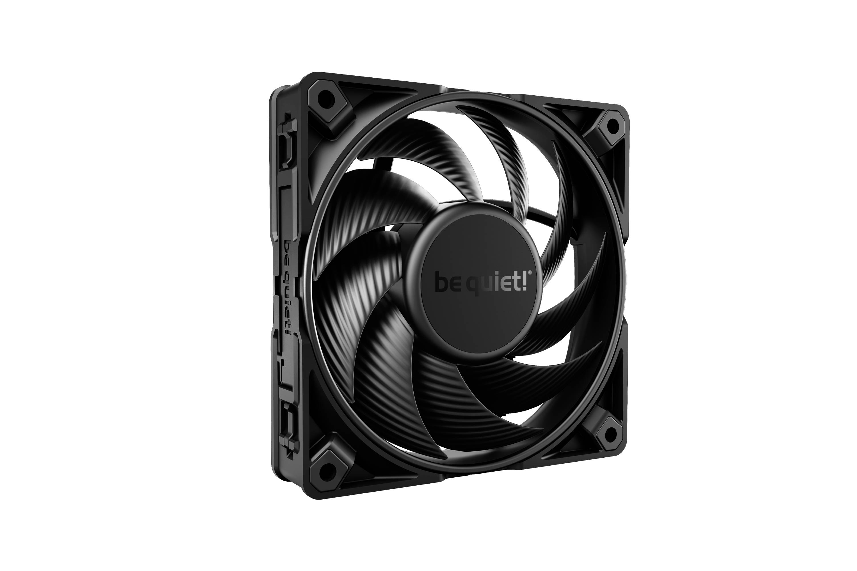 Black computer fan with 'be quiet!' lettering on the hub, showing the design and fan blades.
