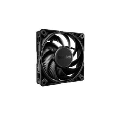 Black computer fan with 'be quiet!' lettering on the hub, showing the design and fan blades.
