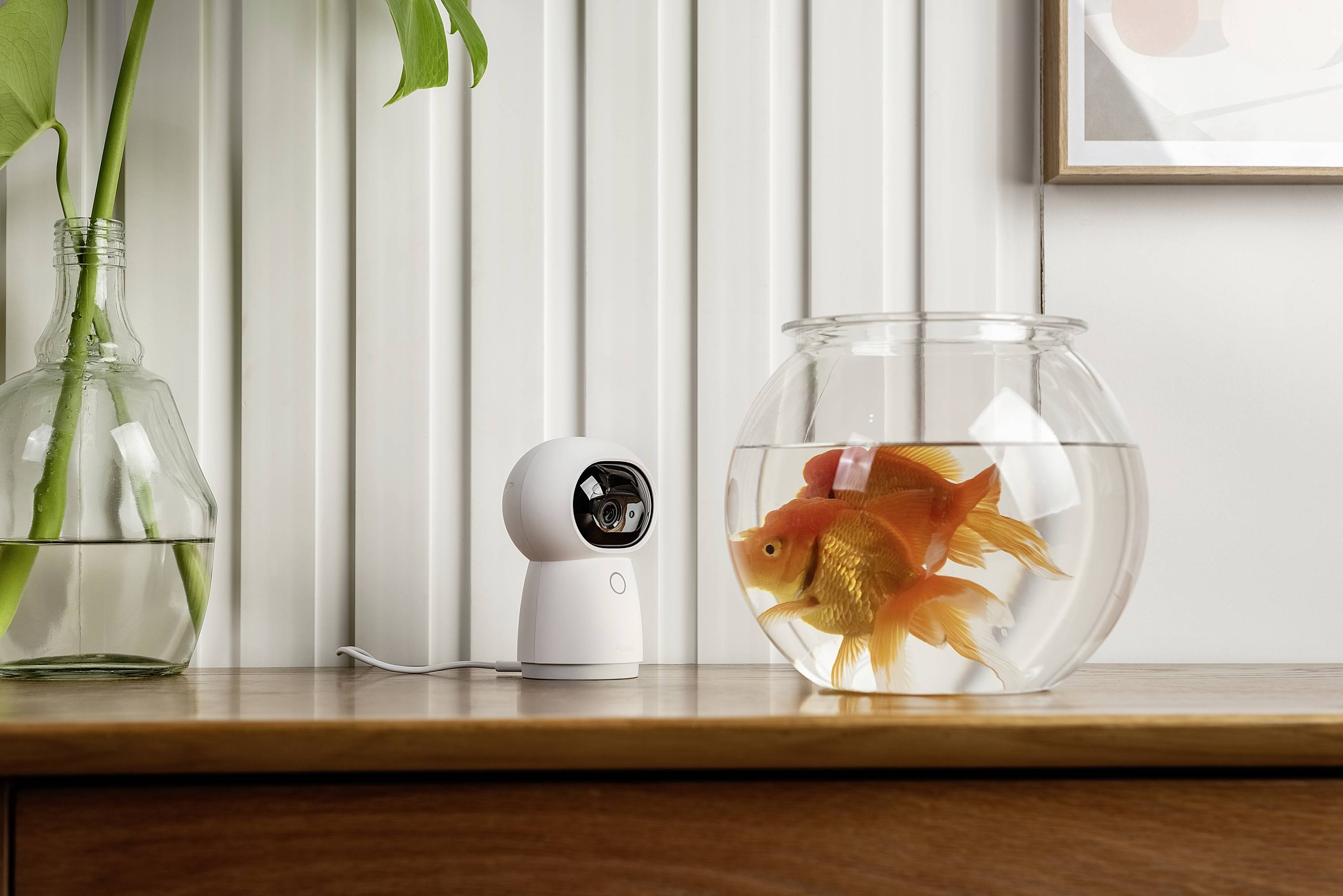 A round goldfish bowl on a wooden table with a white, robotic device beside it that looks like a camera. A vase stands to the left.