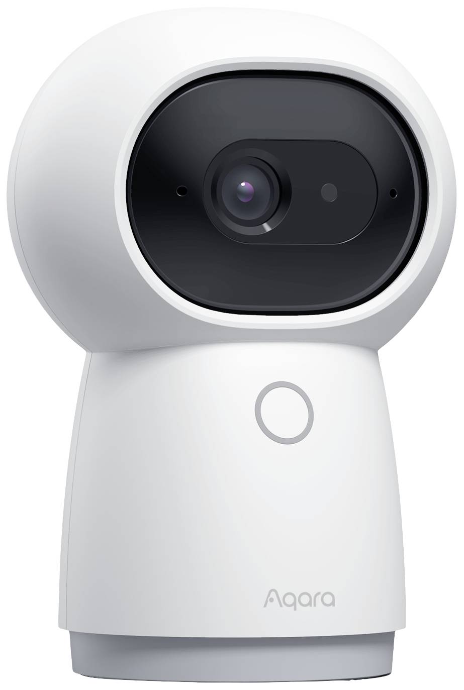 White smart surveillance camera with an oval lens and minimalist design, standing upright. Brand 'Aqara'.