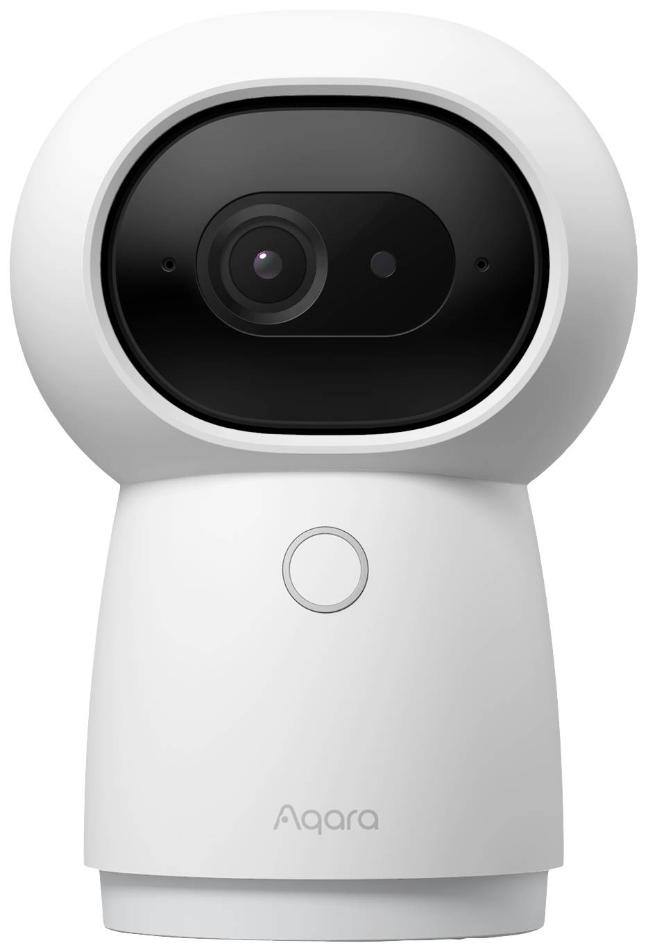 'White surveillance camera with circular design, lens at the top, Aqara logo at the bottom. Suitable for indoor room monitoring.'
