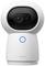 A smart security camera in modern white with a lens in the upper area and a glowing blue ring underneath.
