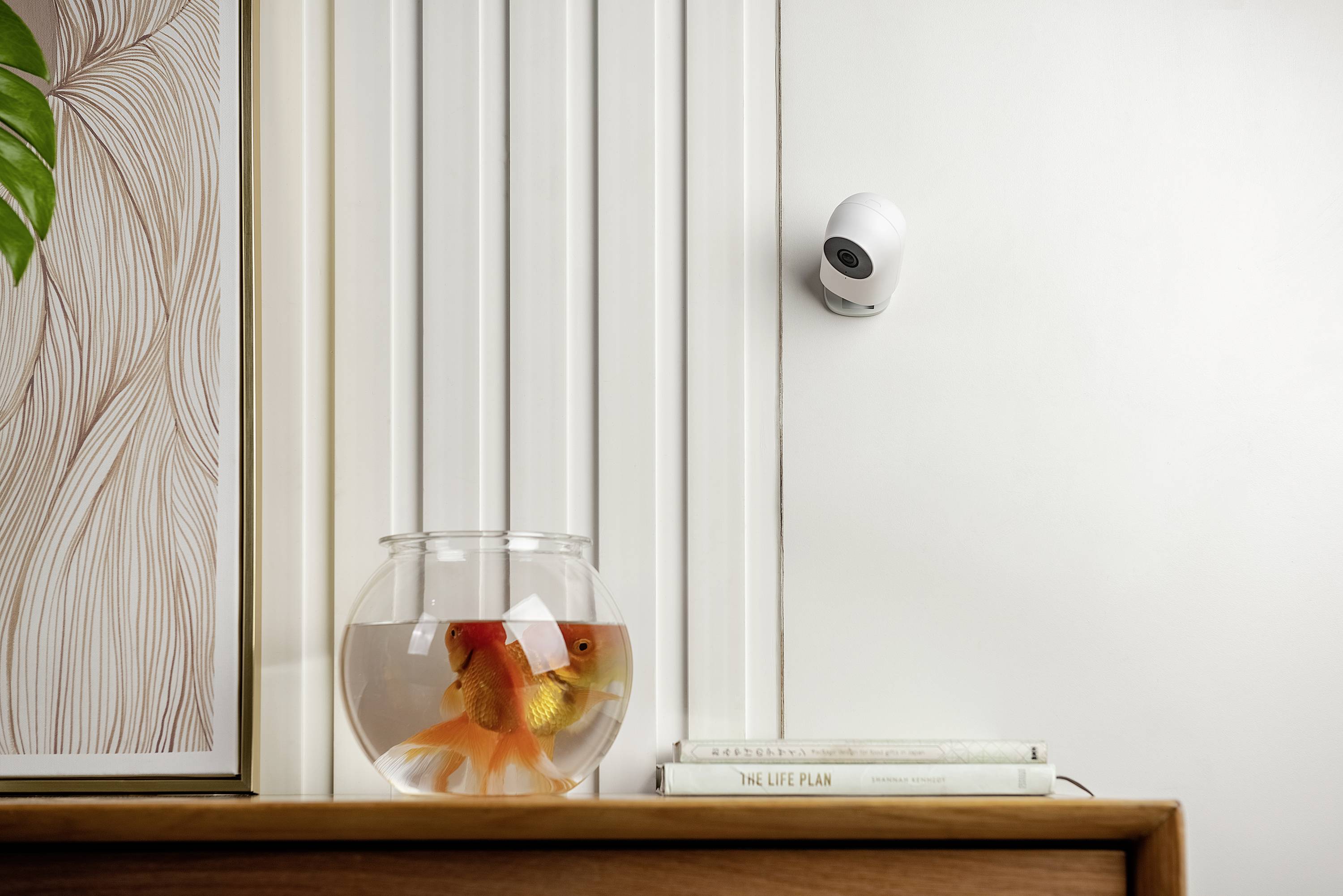 A round fish tank with two goldfish sits on a wooden piece of furniture. A surveillance camera is mounted on the wall above it.