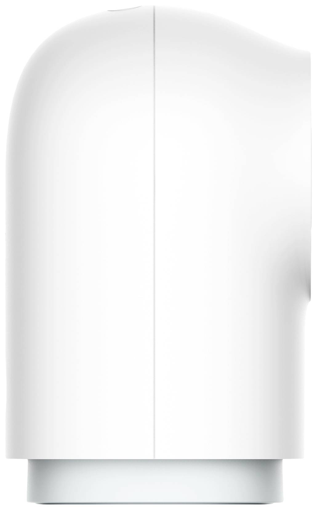 A white, curved household appliance with a smooth surface and a short, rectangular base, side view.