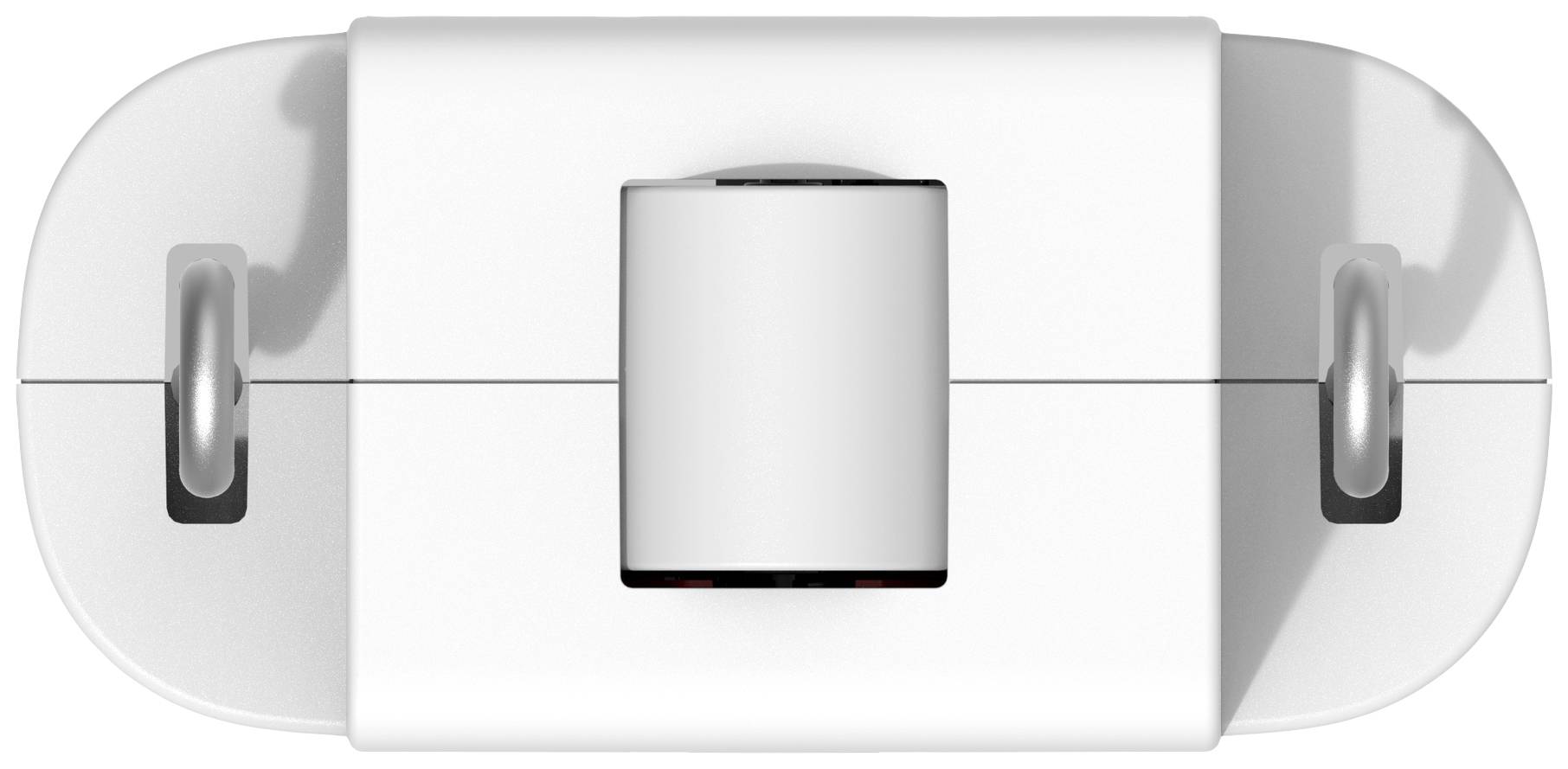 A white plastic plug with two metal pins, apparently electronic accessory, on a white background.